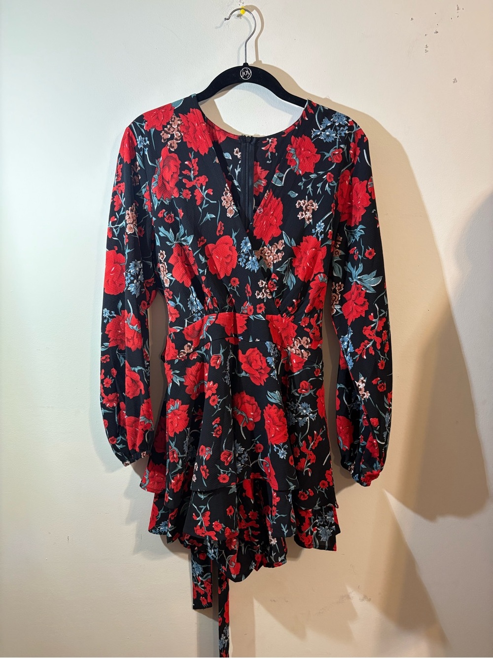 Women’s Romper Medium Black Red Roses Floral waist tie V-neck long sleeve